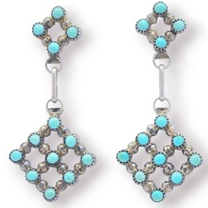 Genuine Handcrafted Zuni Turquoise Sterling Silver Dangle Earrings